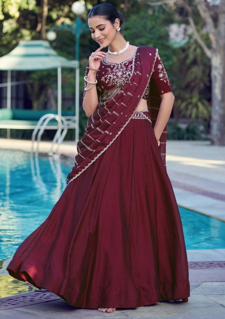 Maroon Embroidered Crushed Lehenga Set - Indya