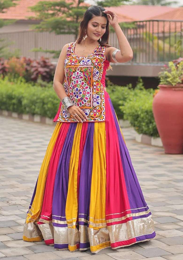 Multicolor Mirror Work Cotton Lehenga Set - Indya