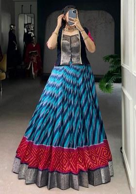 Sky Blue Printed Silk Lehenga Set