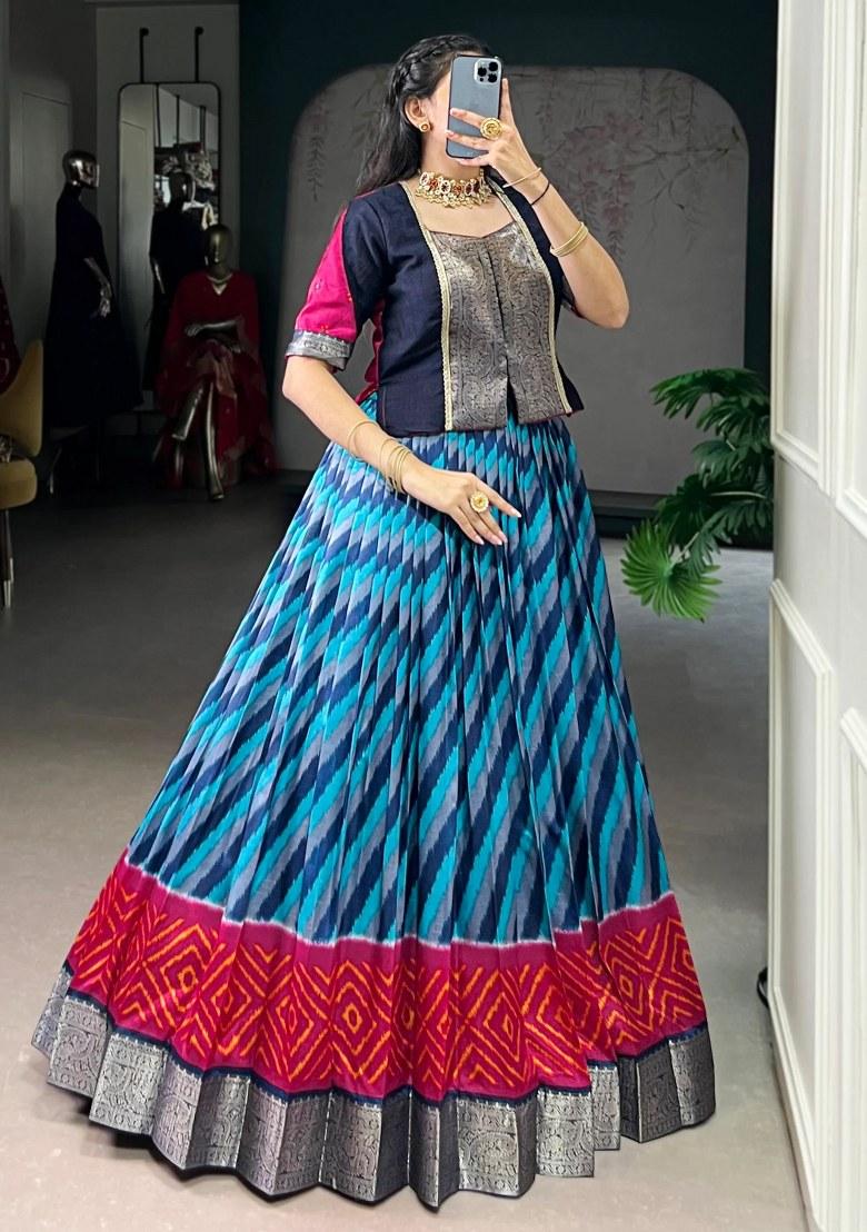 Sky Blue Printed Silk Lehenga Set - Indya