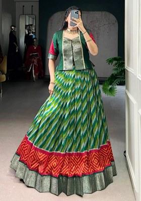 Green Printed Silk Lehenga Set