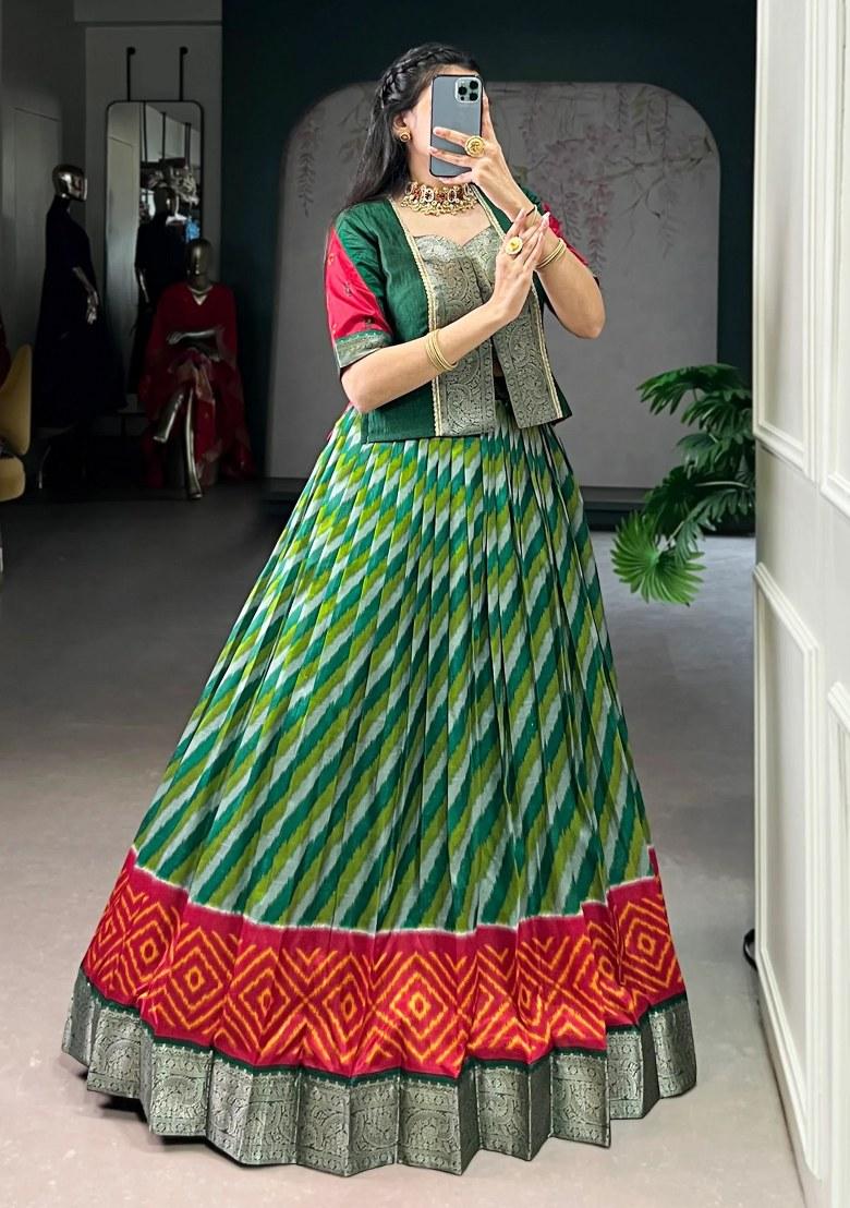 Green Printed Silk Lehenga Set - Indya