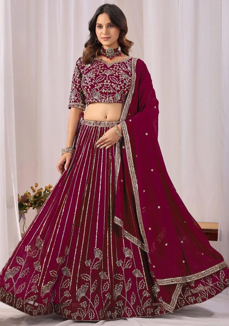 Maroon Sequin Work Georgette Lehenga Set - Indya