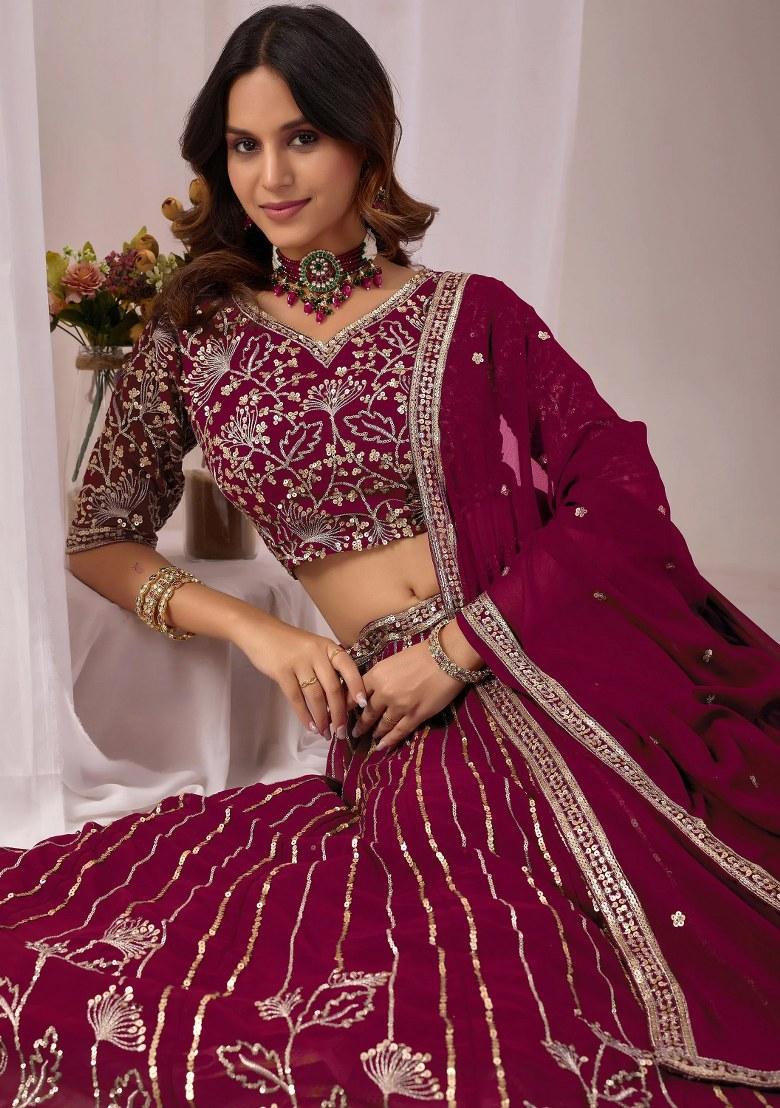 Maroon Sequin Work Georgette Lehenga Set - Indya