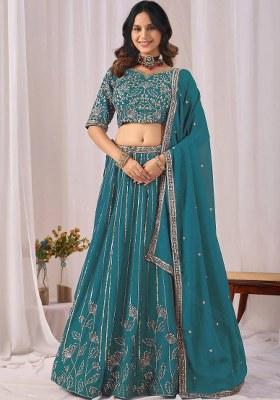 Blue Sequin Work Georgette Lehenga Set