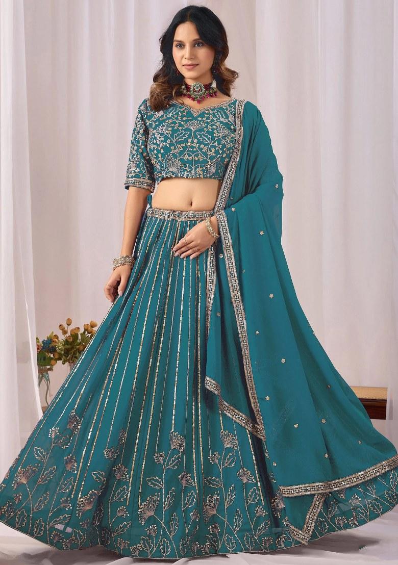 Blue Sequin Work Georgette Lehenga Set - Indya