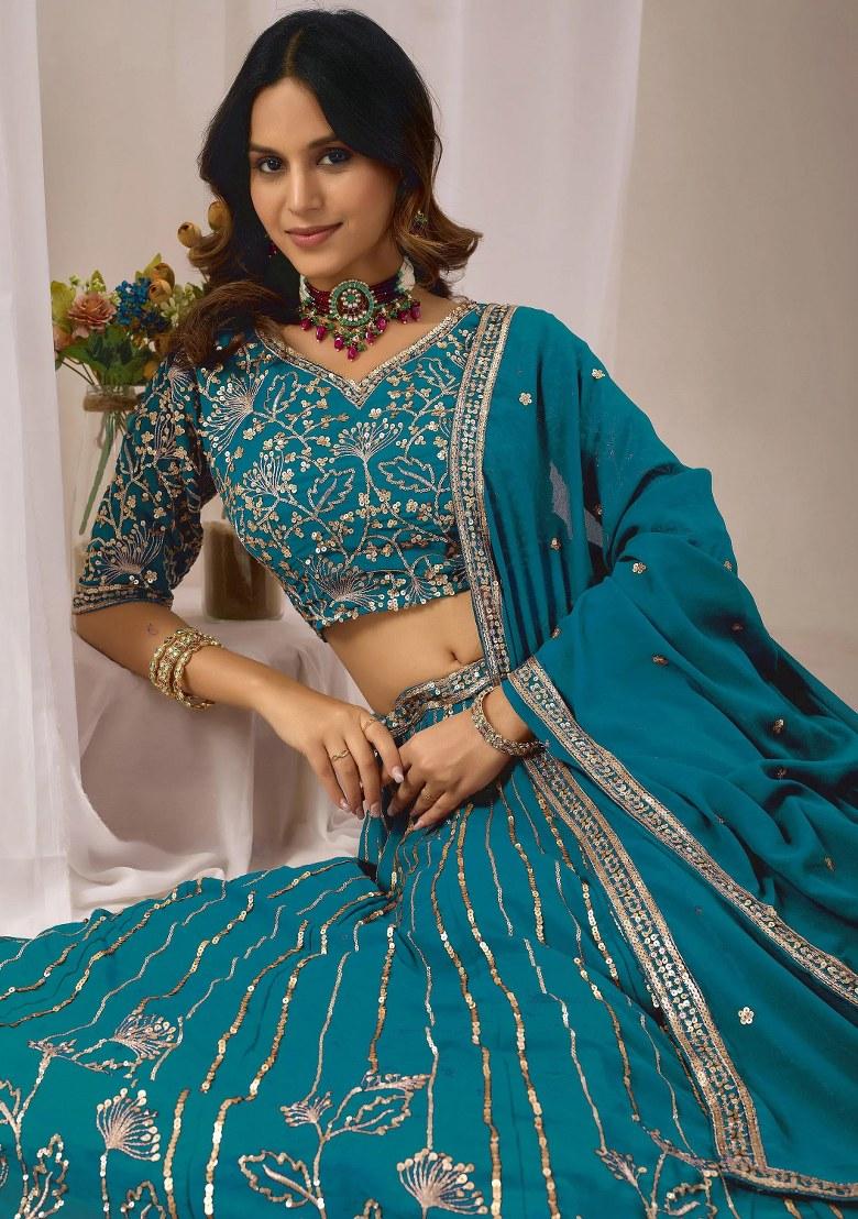 Blue Sequin Work Georgette Lehenga Set - Indya