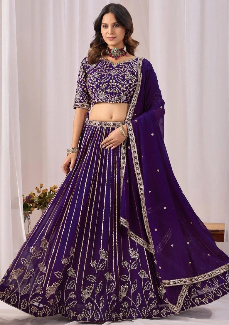 Purple Sequin Work Georgette Lehenga Set - Indya