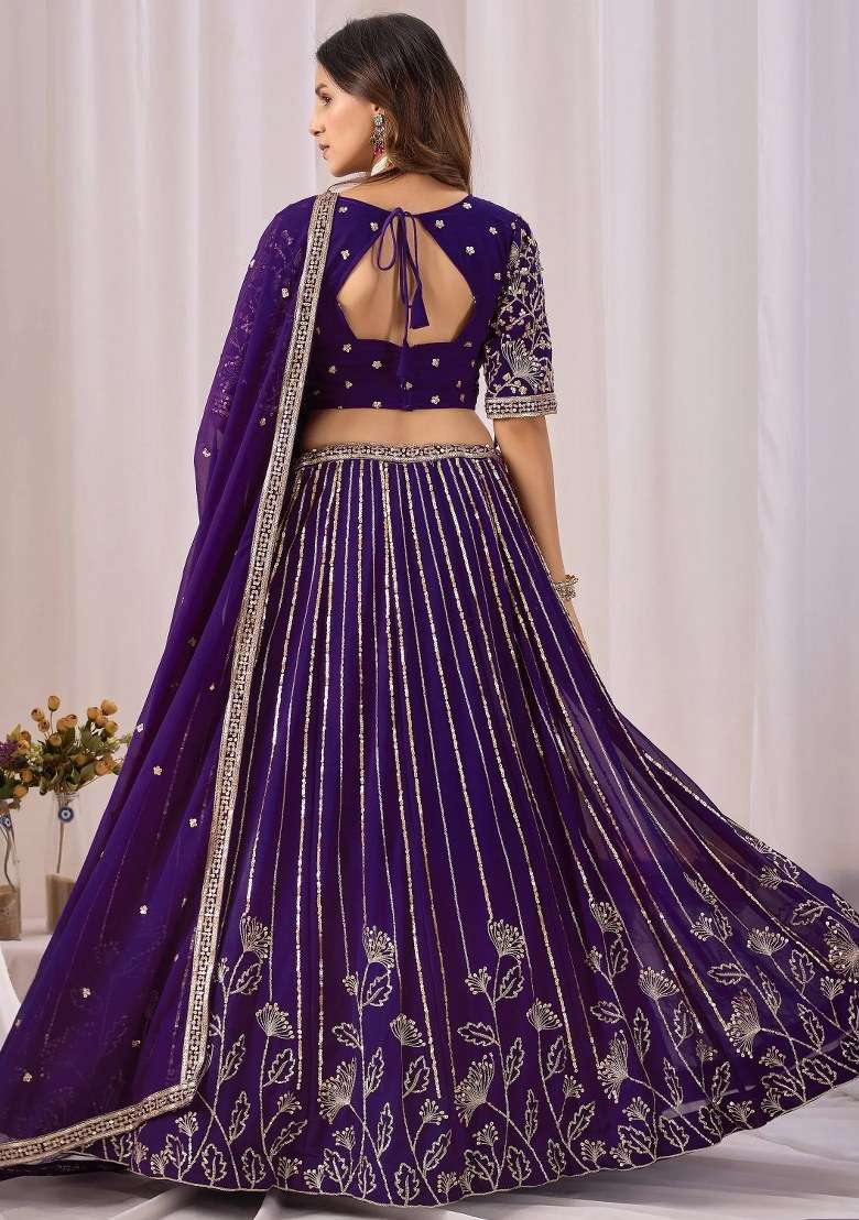 Purple Work Georgette Lehenga Set with Sequin for Diwali | Wedding & Festive Wear - Indya
