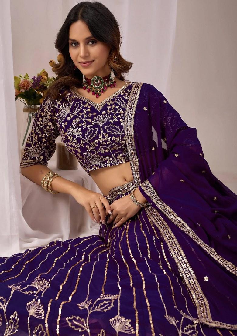 Purple Sequin Work Georgette Lehenga Set - Indya