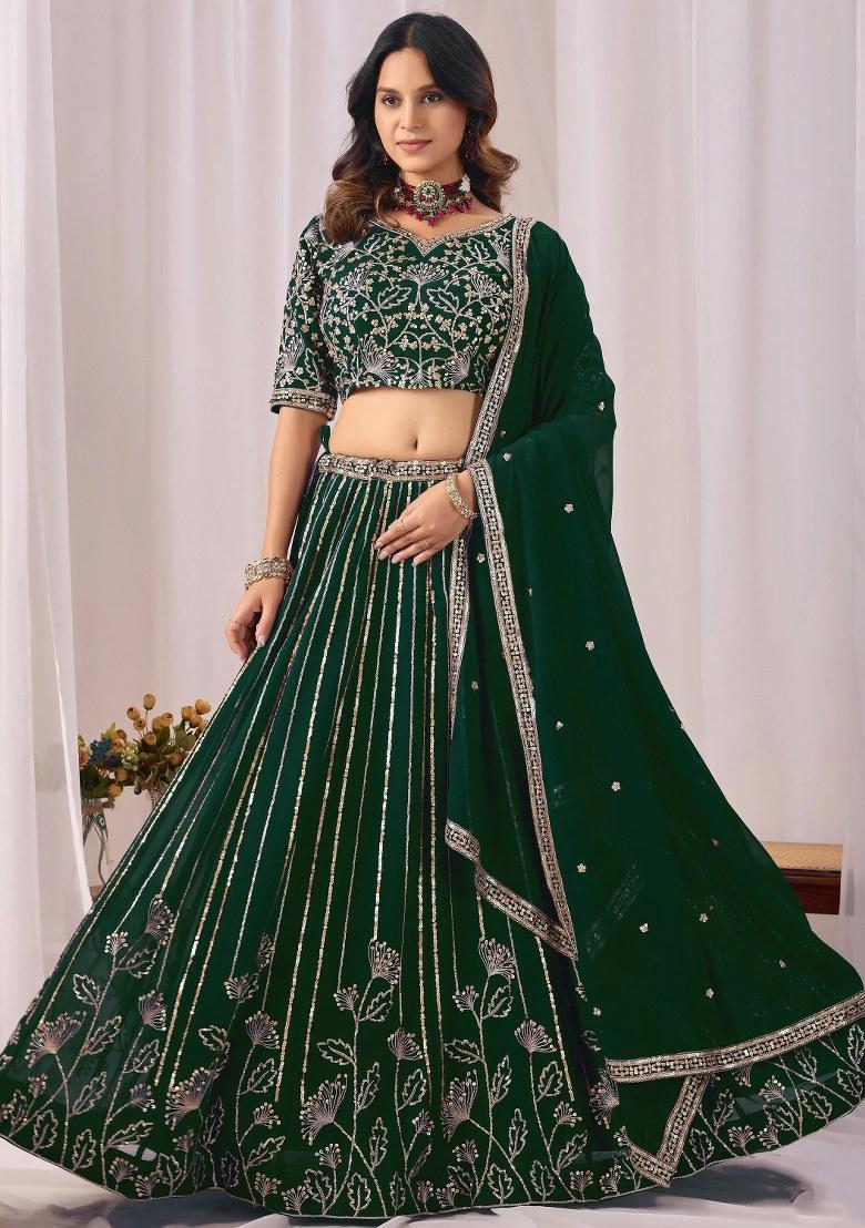 Green Sequin Work Georgette Lehenga Set - Indya