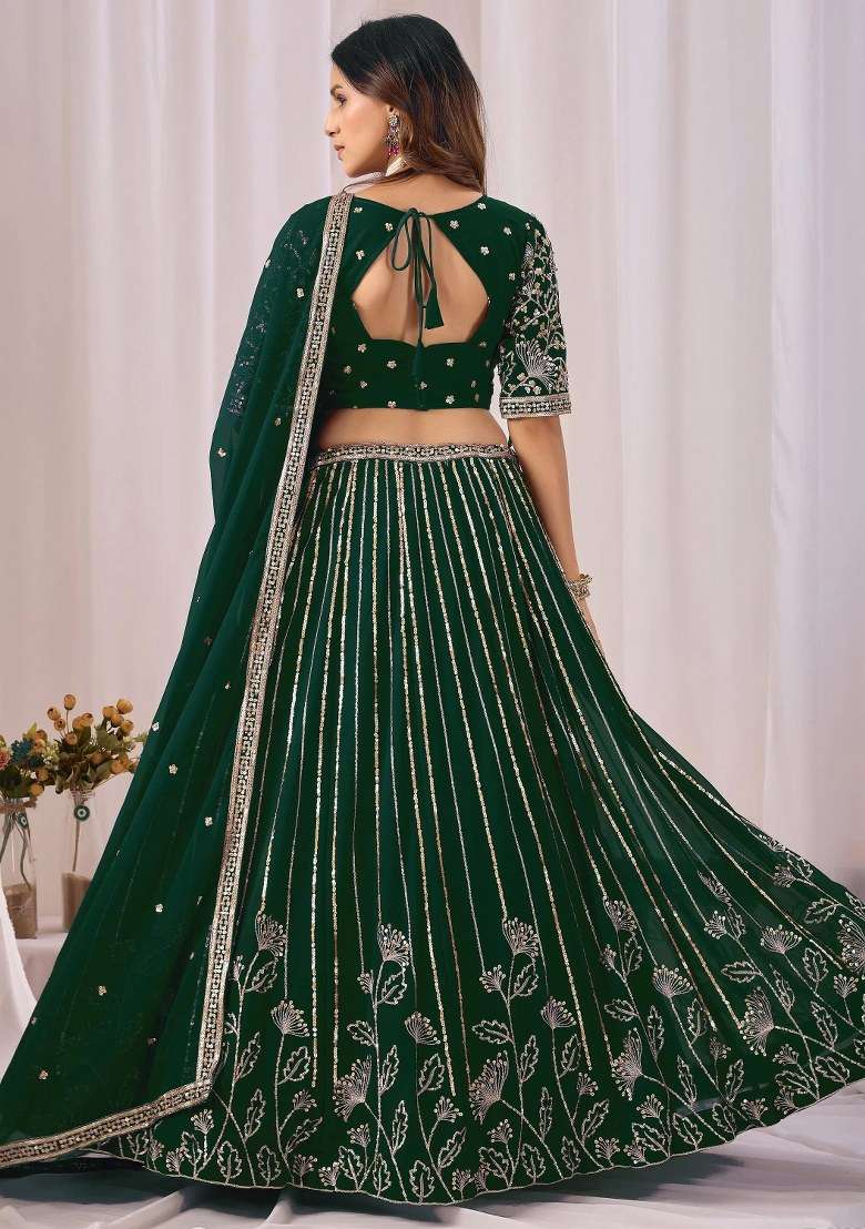 Green Sequin Work Georgette Lehenga Set for Diwali and Festive Wear - Indya