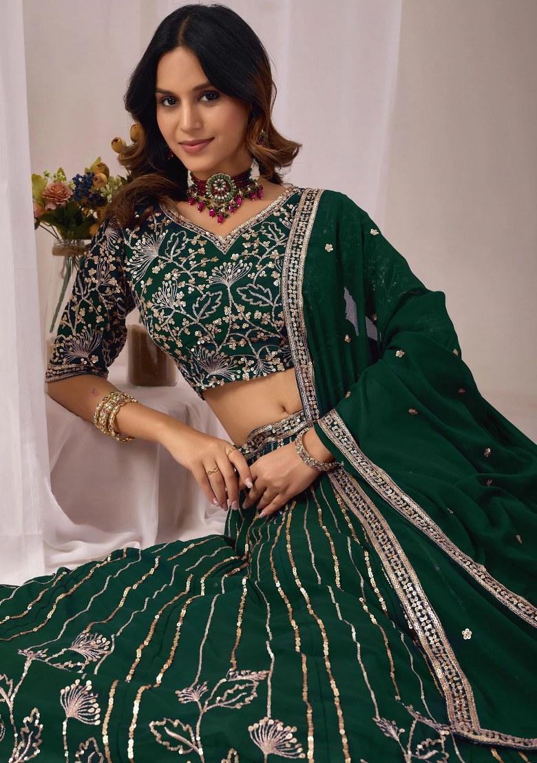 Green Sequin Work Georgette Lehenga Set - Indya