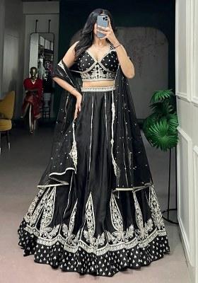 Black Embroidered Silk Lehenga Set