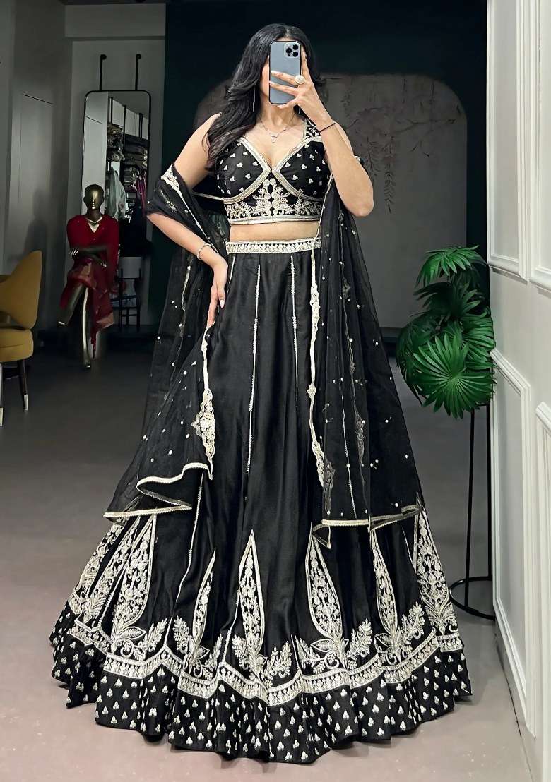 Black Silk Lehenga Set with Embroidered for Diwali | Wedding & Festive Wear - Indya