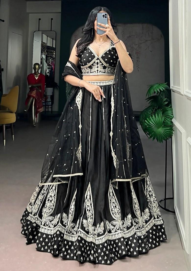 Black Embroidered Silk Lehenga Set - Indya