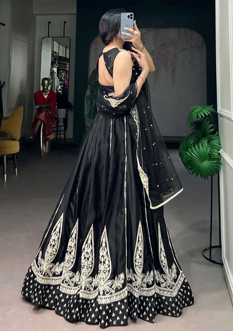 Black Silk Lehenga Set with Embroidered for Diwali | Wedding & Festive Wear - Indya