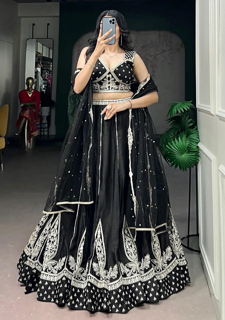 Black Embroidered Silk Lehenga Set - Indya