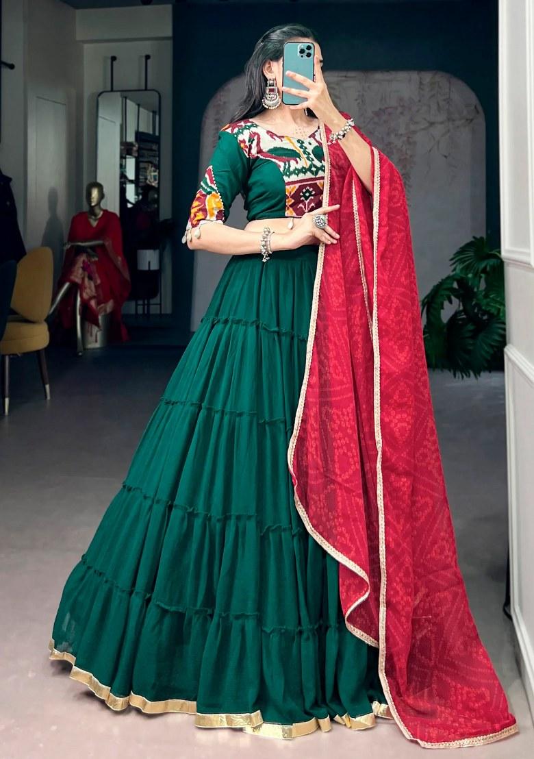 Green Printed Georgette Lehenga Set - Indya