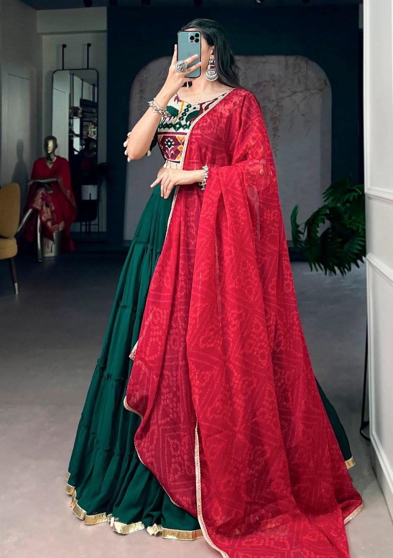 Green Printed Georgette Lehenga Set - Indya