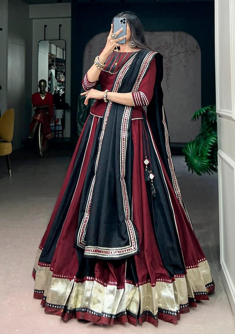 Maroon Mirror Work Chinon Lehenga Set - Indya