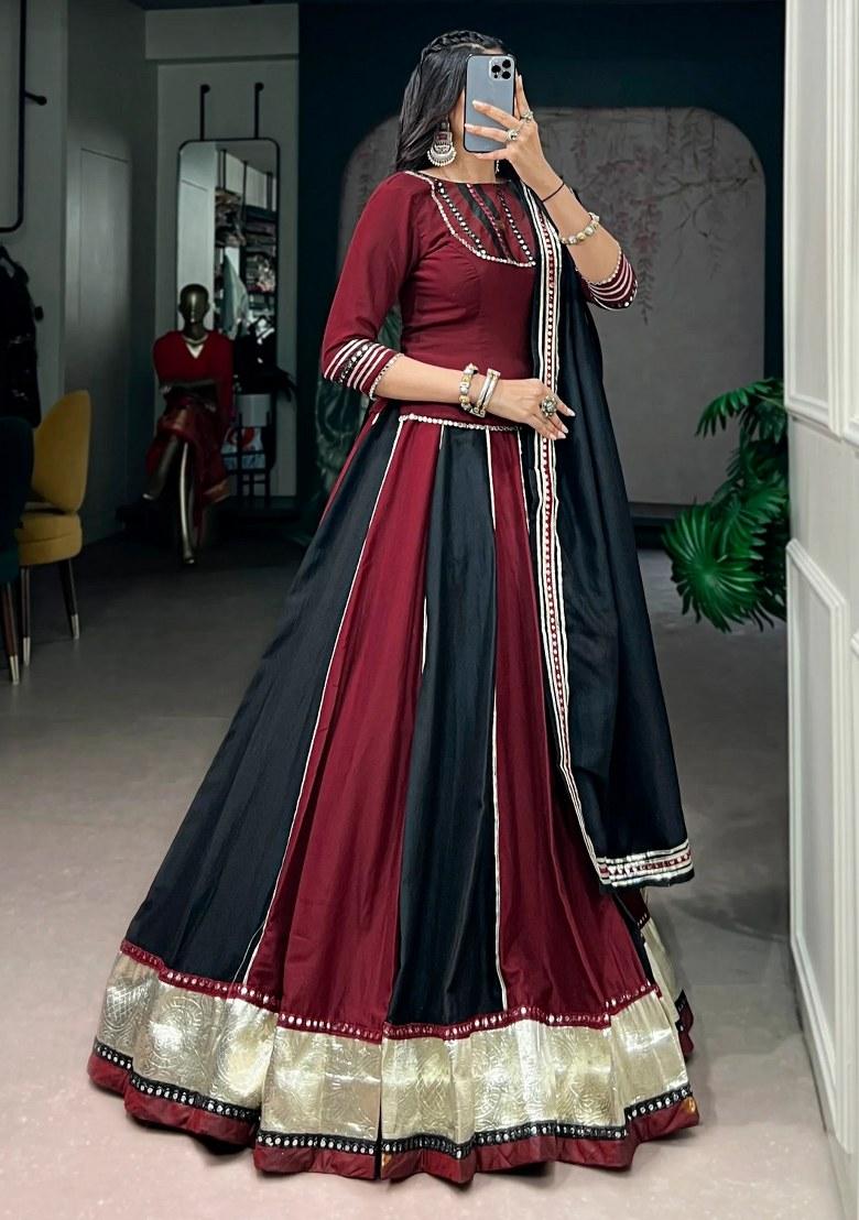 Maroon Mirror Work Chinon Lehenga Set - Indya