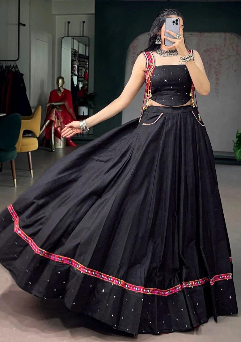 Black Mirror Work Rayon Lehenga Set - Indya