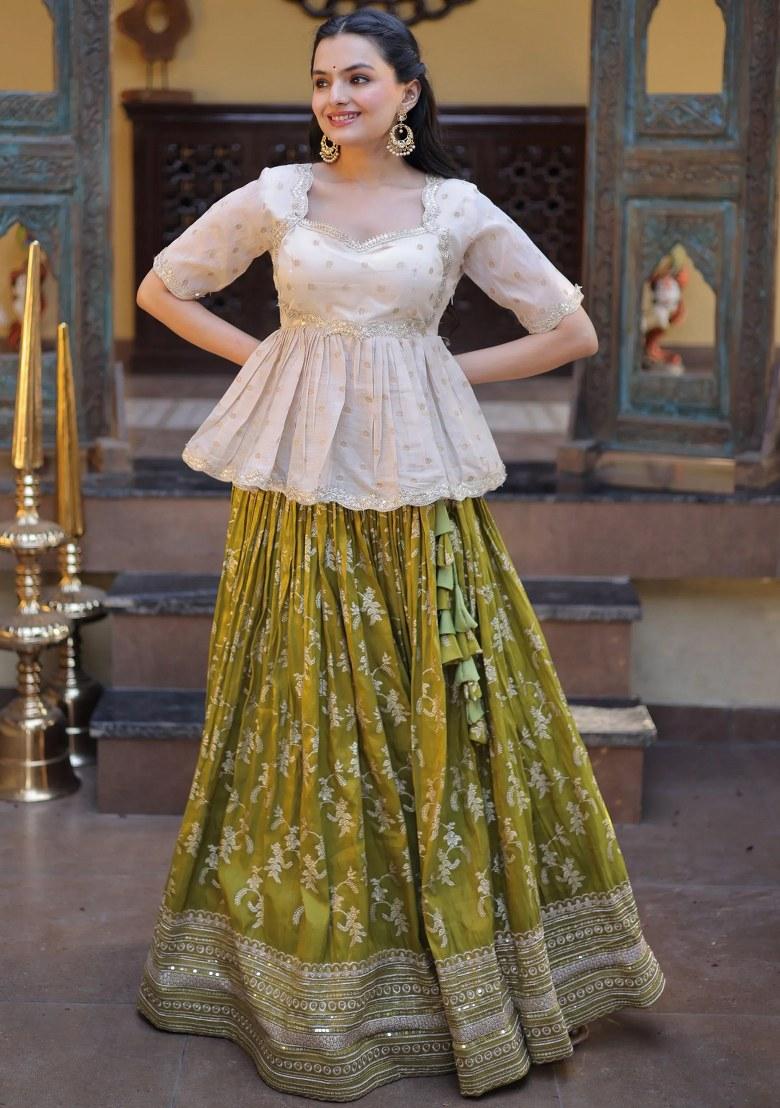 Green Sequin Work Silk Lehenga Set - Indya