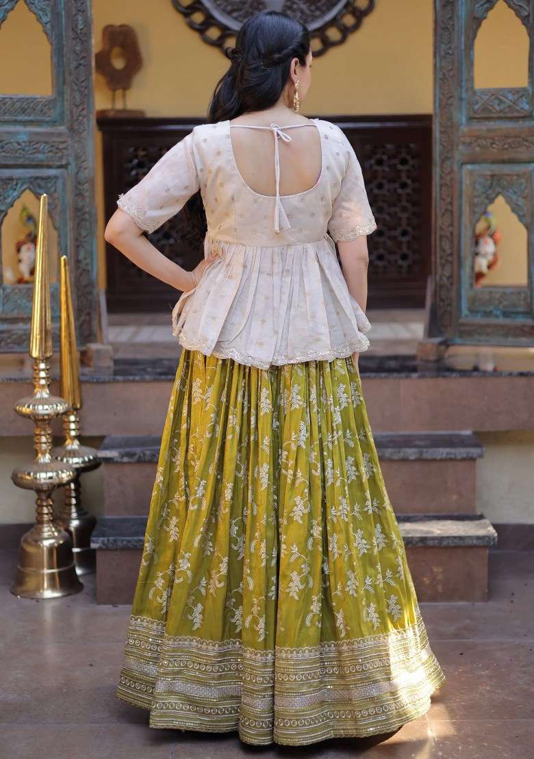 Green Work Silk Lehenga Set with Sequin for Diwali | Wedding & Festive Wear - Indya