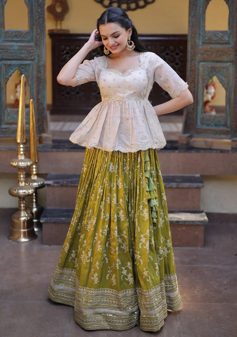 Green Sequin Work Silk Lehenga Set - Indya