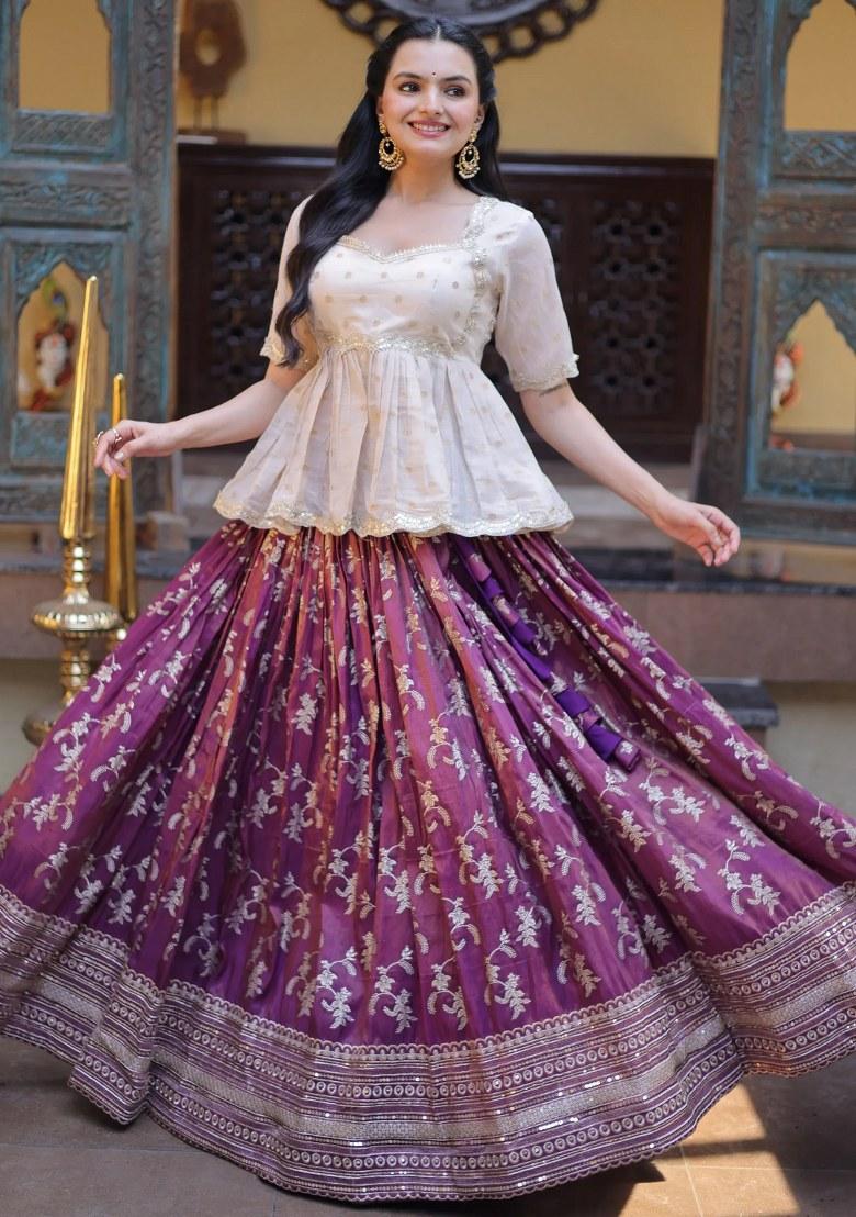 Purple Sequin Work Silk Lehenga Set - Indya