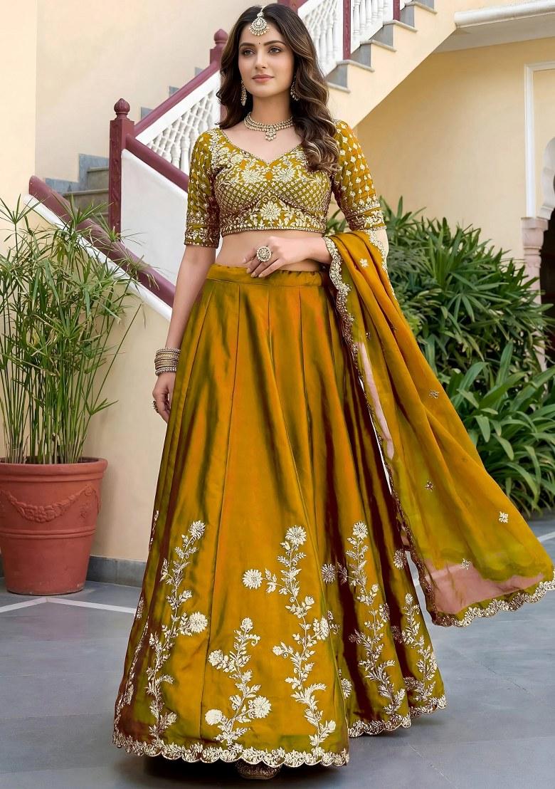 Yellow Embroidered Silk Lehenga Set - Indya