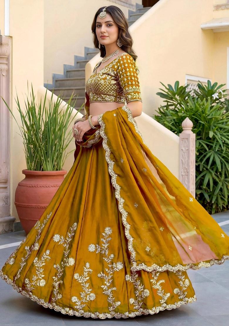Yellow Embroidered Silk Lehenga Set - Indya