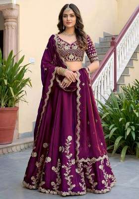 Wine Silk Lehenga Set with Embroidered for Diwali | Wedding & Festive Wear