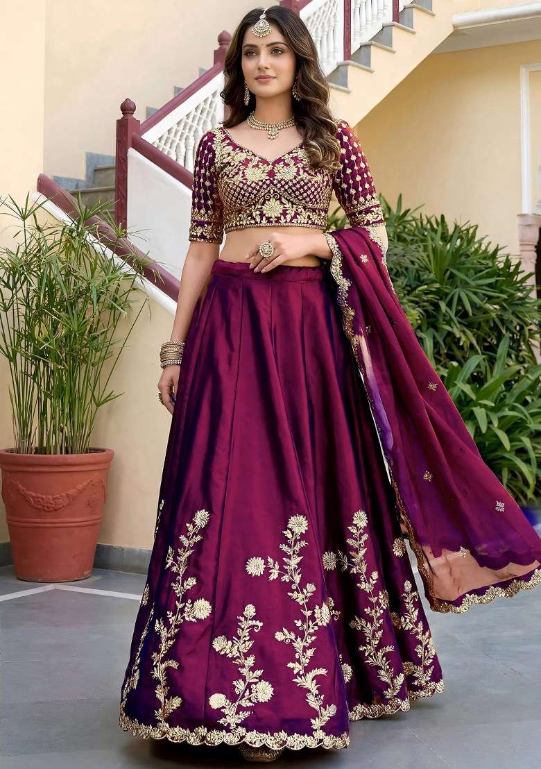 Wine Silk Lehenga Set with Embroidered for Diwali | Wedding & Festive Wear - Indya