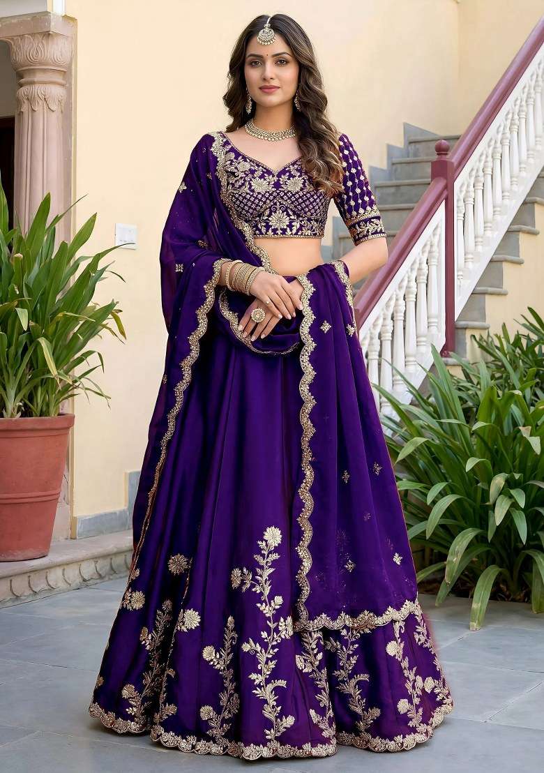 Purple Silk Lehenga Set with Embroidered for Diwali | Wedding & Festive Wear - Indya