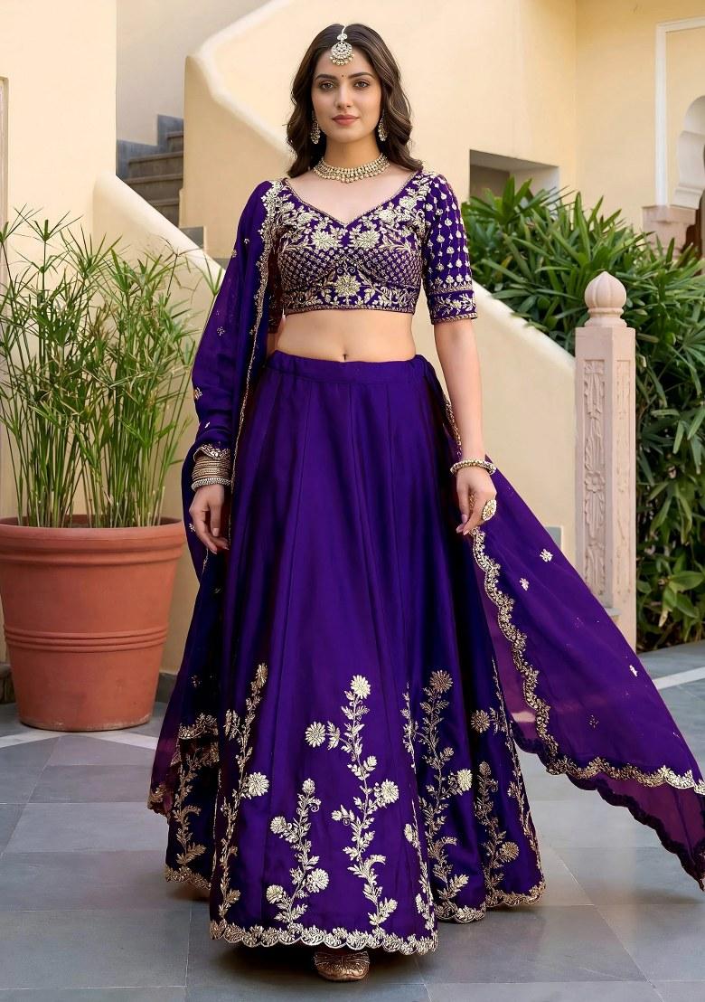 Purple Embroidered Silk Lehenga Set - Indya