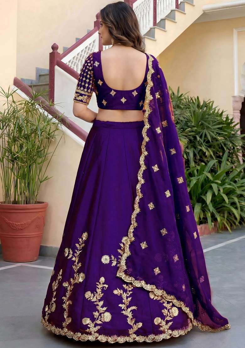 Purple Silk Lehenga Set with Embroidered for Diwali | Wedding & Festive Wear - Indya