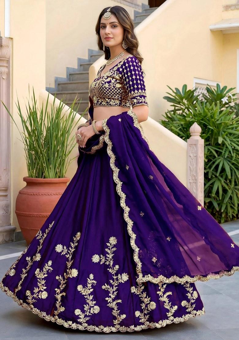 Purple Embroidered Silk Lehenga Set - Indya