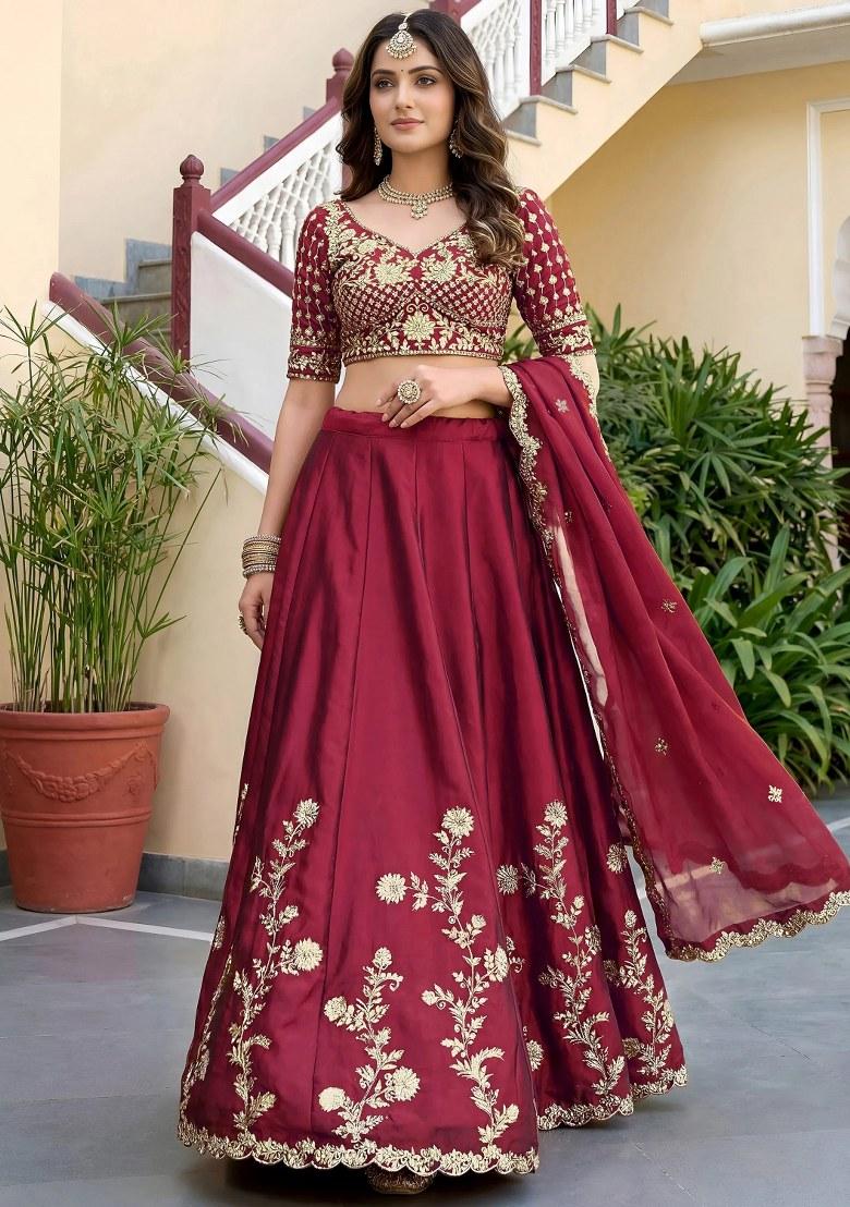 Maroon Embroidered Silk Lehenga Set - Indya