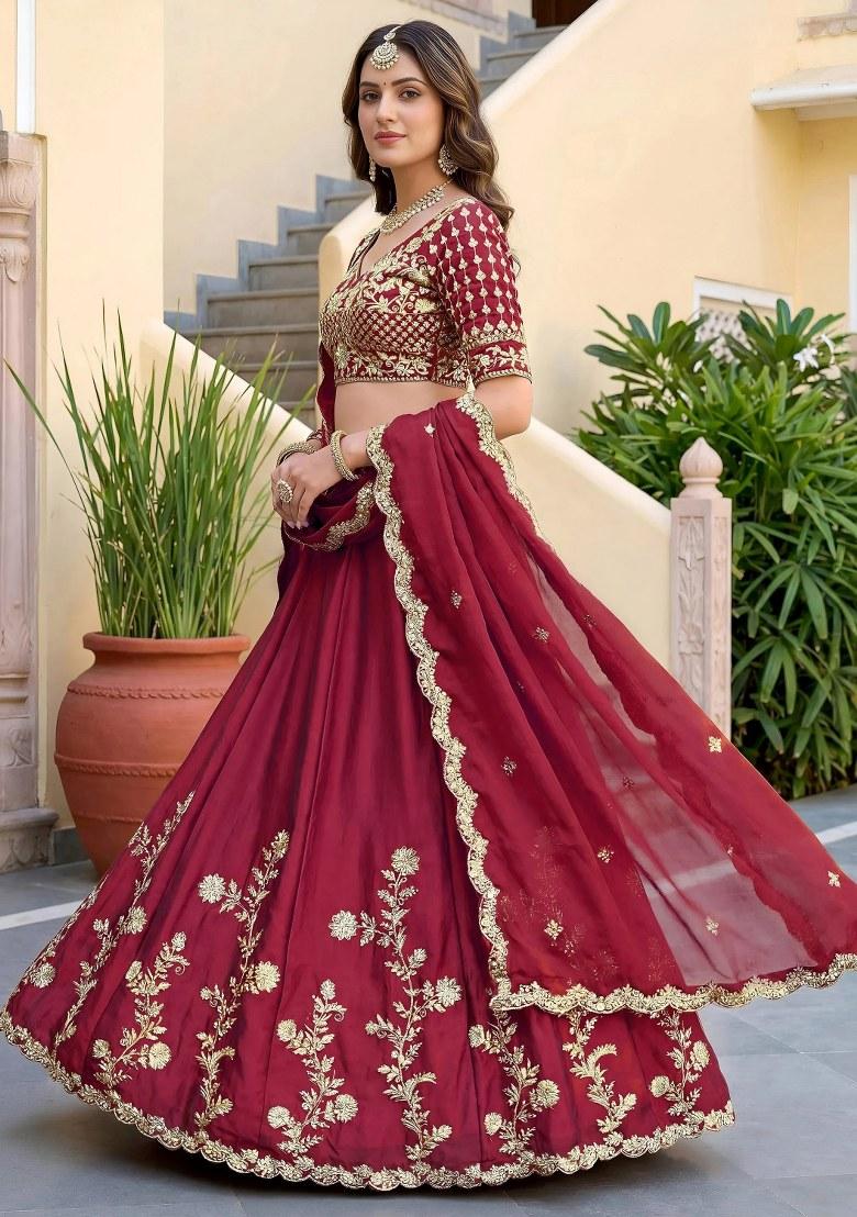 Maroon Embroidered Silk Lehenga Set - Indya