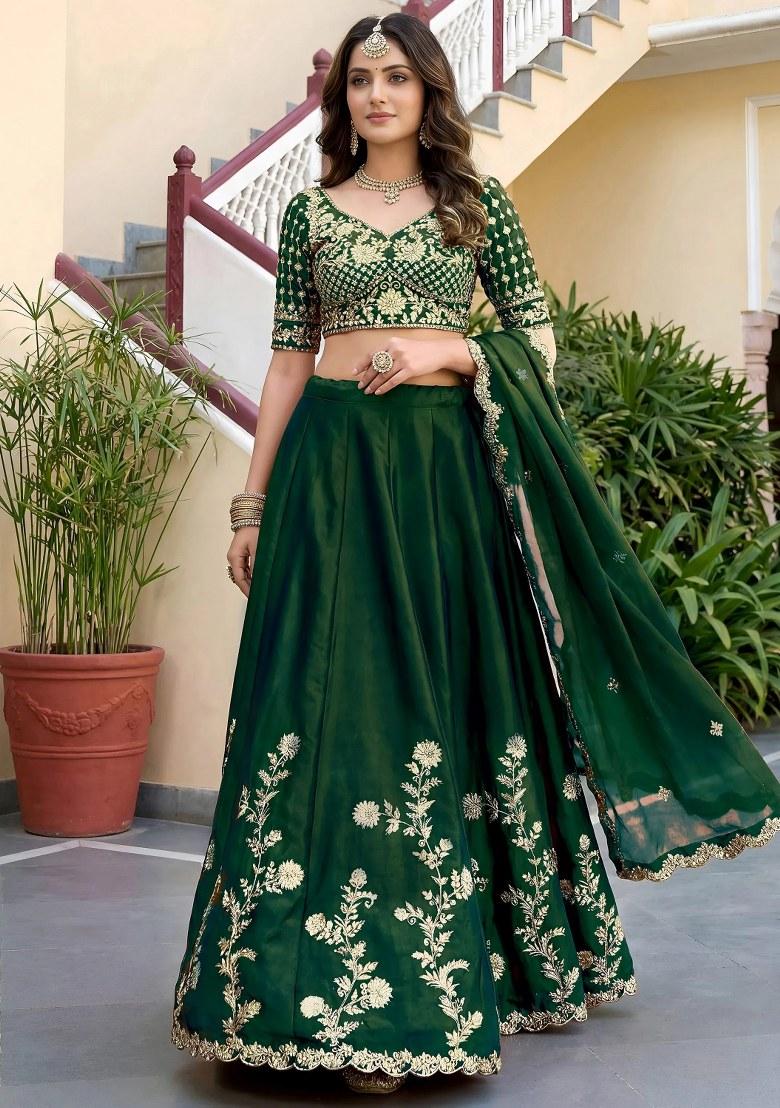 Green Embroidered Silk Lehenga Set - Indya