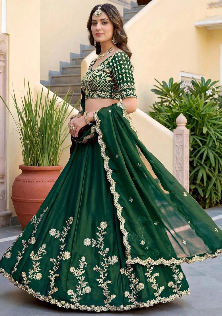 Green Embroidered Silk Lehenga Set - Indya