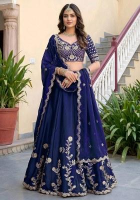 Blue Embroidered Silk Lehenga Set