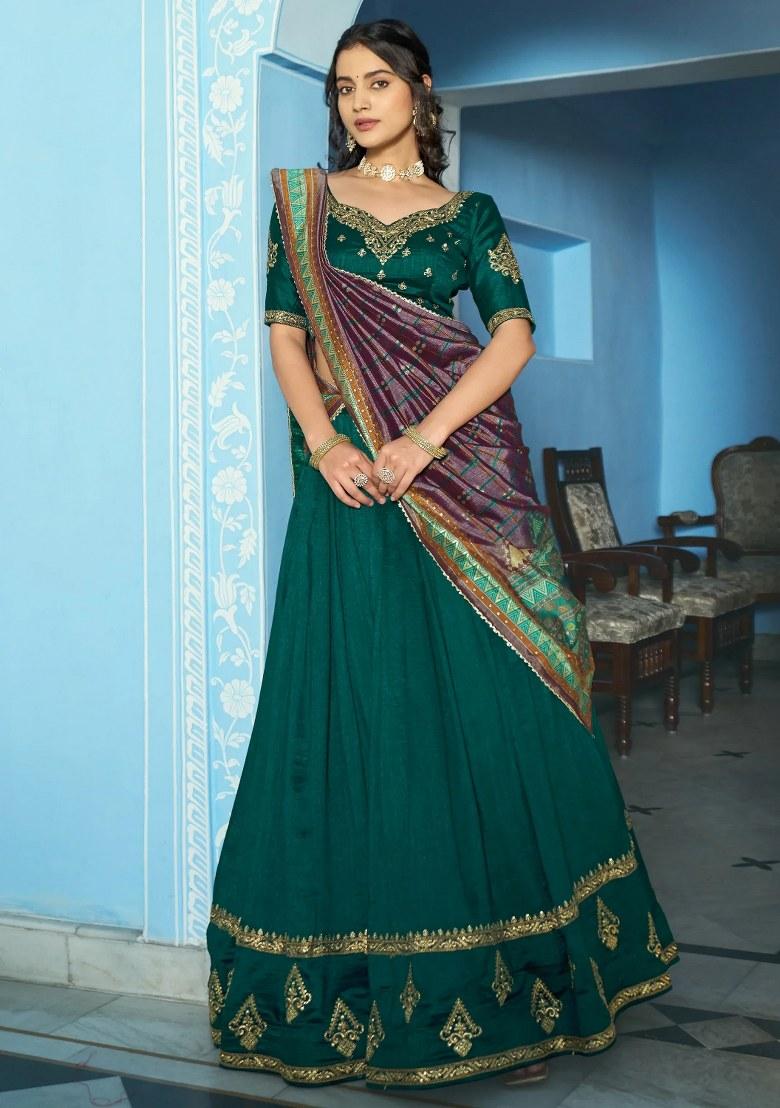 Green Embroidered Silk Lehenga Set - Indya