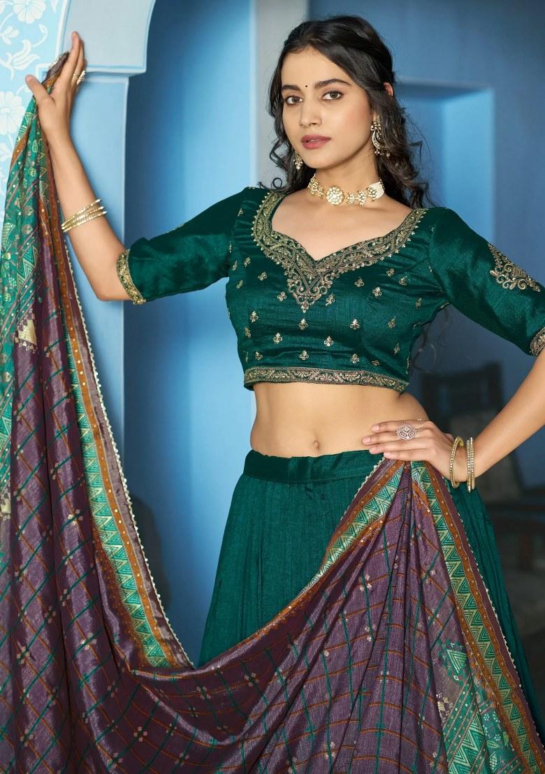 Green Embroidered Silk Lehenga Set - Indya
