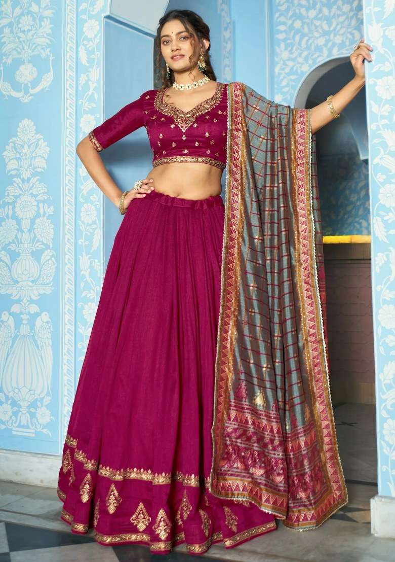 Pink Embroidered Silk Lehenga Set - Indya