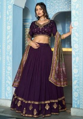 Purple Embroidered Silk Lehenga Set