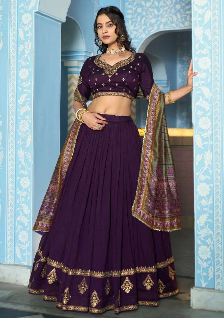 Purple Embroidered Silk Lehenga Set for Diwali and Festive Wear - Indya
