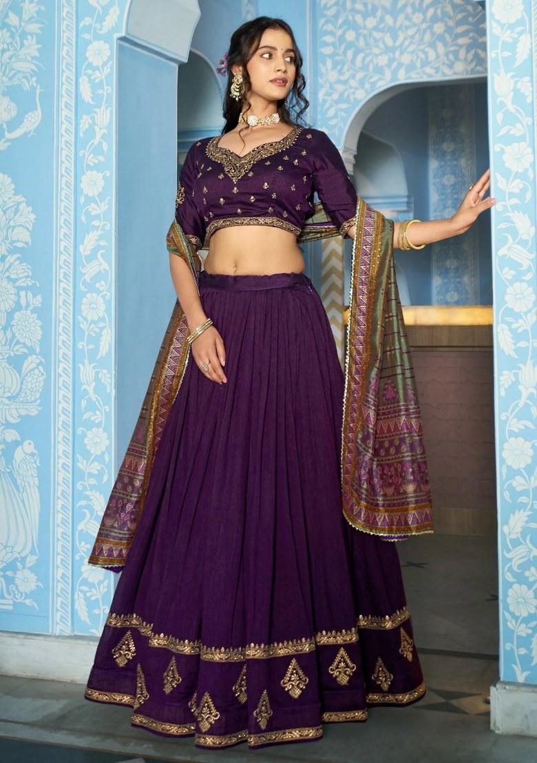 Purple Embroidered Silk Lehenga Set - Indya